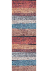 The Urban Edge - Washable Rug - JR2005 features a multicolor flat weave with horizontal wooden plank stripes in red, brown, gray, and blue—stylish and practical for any room.