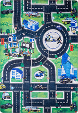 The Urban Road - Machine-Washable Rug JRC013 (Custom Size) is a vibrant play mat with roads, intersections, buildings, police cars, helicopters, grassy areas, signs, and a central roundabout—ideal for imaginative play and busy spaces.