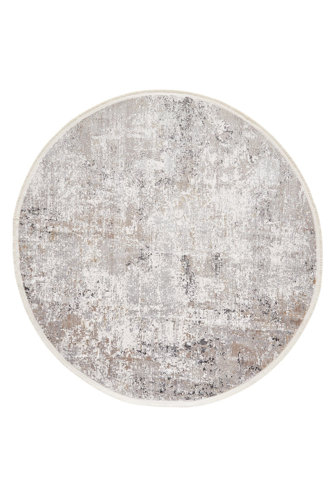 The Vanilla Dream Modern Bordered Rug - EW2742 is a machine-made round rug with a distressed abstract pattern in gray, beige, and white, featuring a soft texture and weathered look for stylish modern spaces.