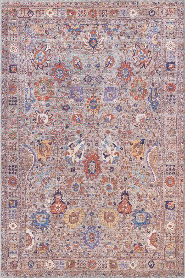 The Velorio Floral Washable Rug - LCC3006 features blue, red, yellow, and beige floral and geometric patterns with symmetrical motifs and ornate borders—perfect for high-traffic areas and easy to clean.