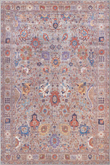 The Velorio Floral Washable Rug - LCC3006 (Custom Size) features intricate Persian-inspired floral, bird, and vine motifs in soft pastel blue, beige, red, and gold—perfect for high-traffic areas with its symmetrical design and detailed border.