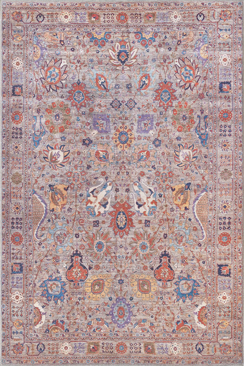 Bild 1 in Galerieansicht laden. The Velorio Floral Washable Rug - LCC3006 (Custom Size) features intricate Persian-inspired floral, bird, and vine motifs in soft pastel blue, beige, red, and gold—perfect for high-traffic areas with its symmetrical design and detailed border.