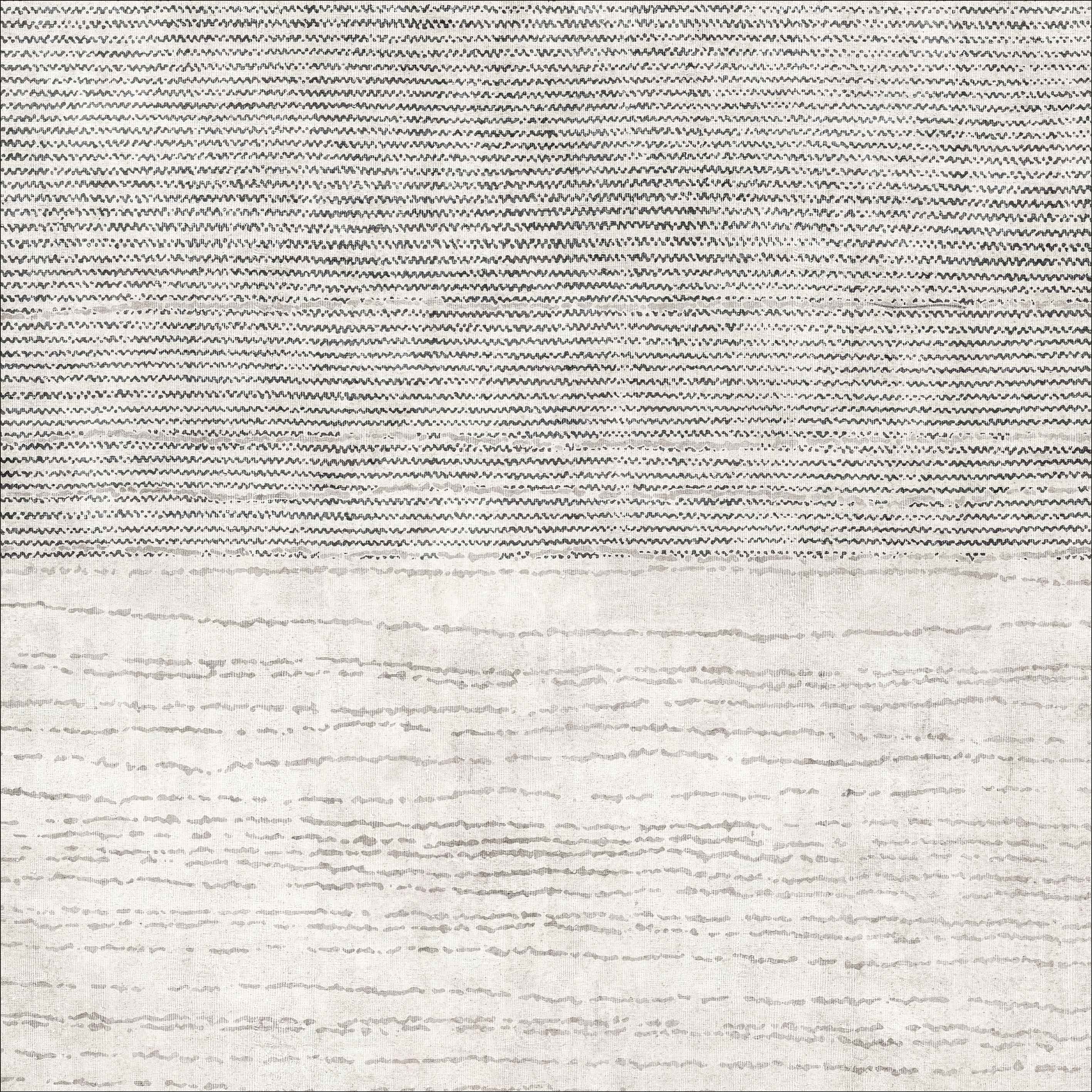 The Velvet Echo - Washable Rug - JRN25 features a flat weave with dense black and white lines on the upper half and lighter, irregular gray lines on a pale background below, offering a bold contrast in texture and pattern.