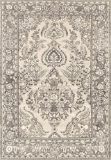 The Velvet Mosaic - Washable Rug - JRN1004 features a rectangular Oriental design with intricate beige, gray, and cream floral and geometric patterns. Its symmetrical borders bring timeless elegance to traditional interiors.