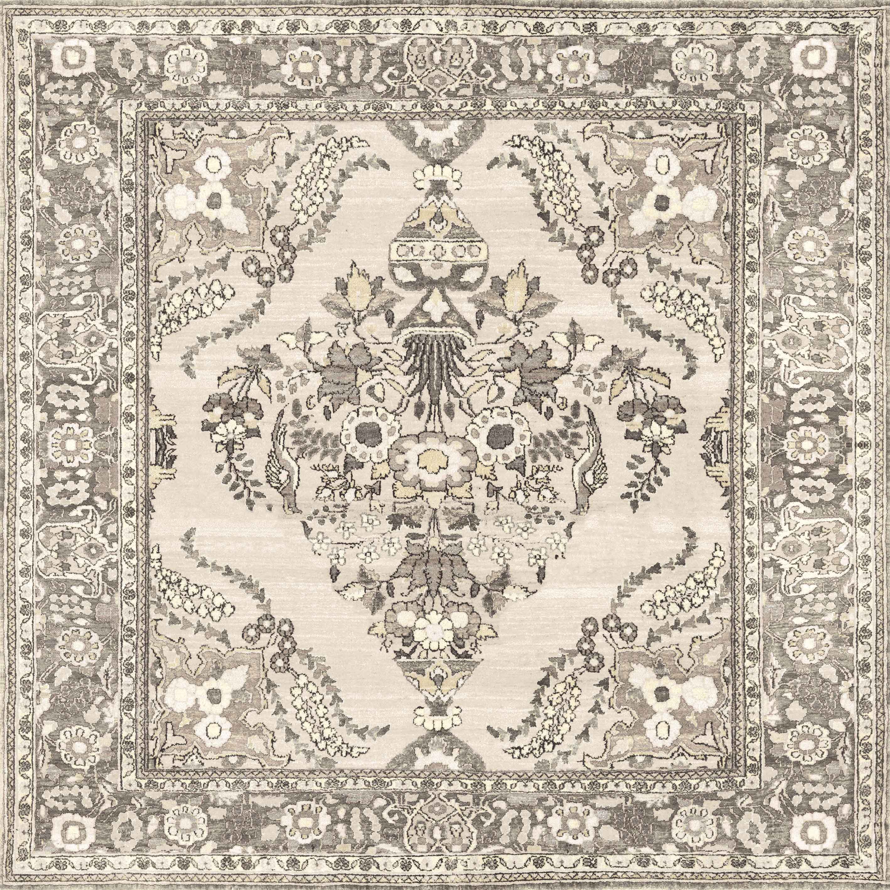 Velvet Mosaic - Washable Rug - JRN1004: A square rug with an ornate Oriental design, floral and vine motifs in beige, gray, and cream. Features a decorative border, symmetrical medallion—ideal for traditional interiors. Machine washable for easy care.