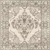 Velvet Mosaic - Washable Rug - JRN1004: A square rug with an ornate Oriental design, floral and vine motifs in beige, gray, and cream. Features a decorative border, symmetrical medallion—ideal for traditional interiors. Machine washable for easy care.