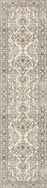 The Velvet Mosaic - Washable Rug (JRN1004) features a beige and gray Oriental floral and vine pattern with a detailed border, offering a vintage look ideal for traditional interiors.