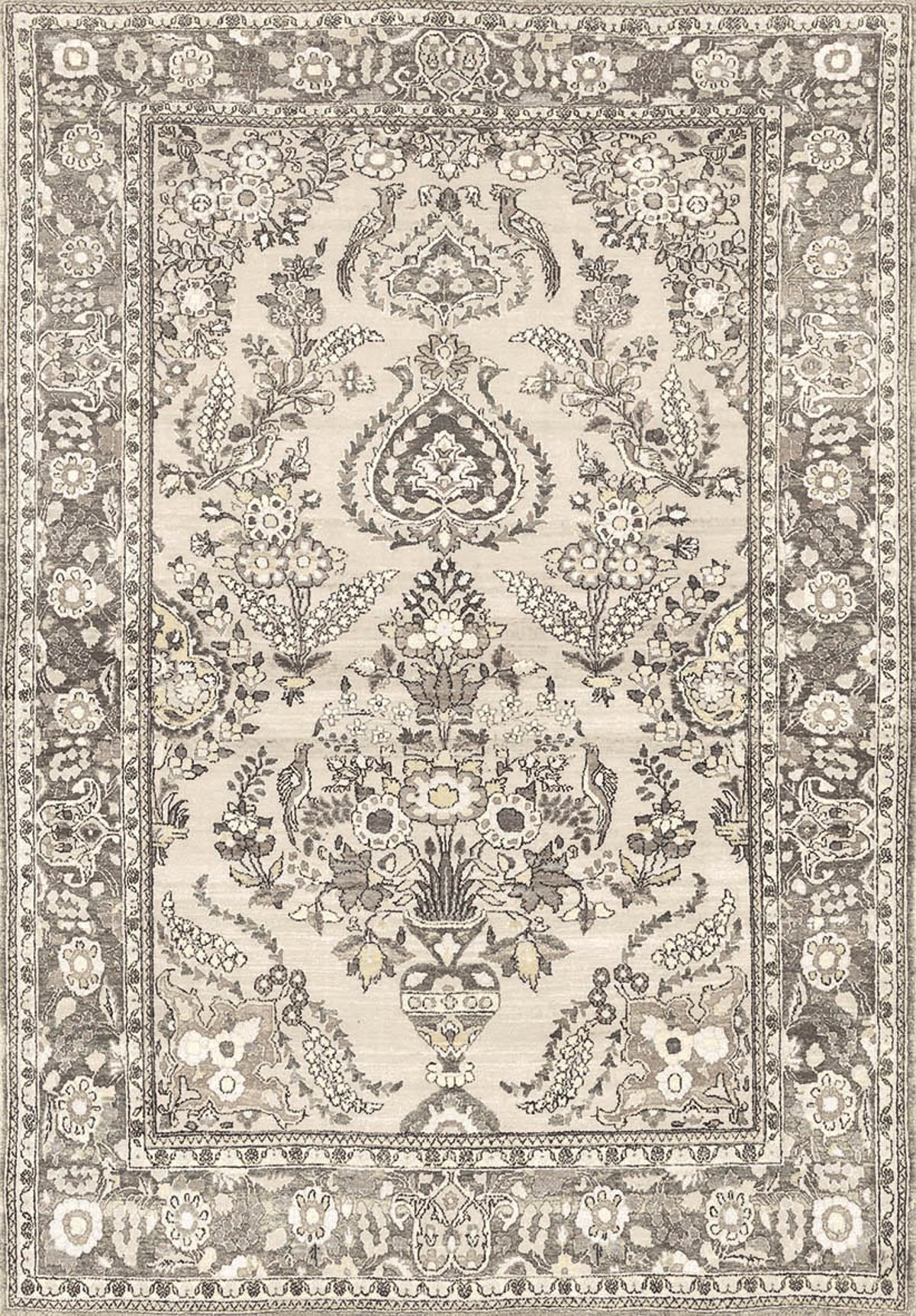 The Velvet Mosaic - Washable Rug - JRN1004 (Custom Size) features an ornate rectangular design with intricate floral and paisley patterns in beige, cream, and gray—perfect for traditional interiors.
