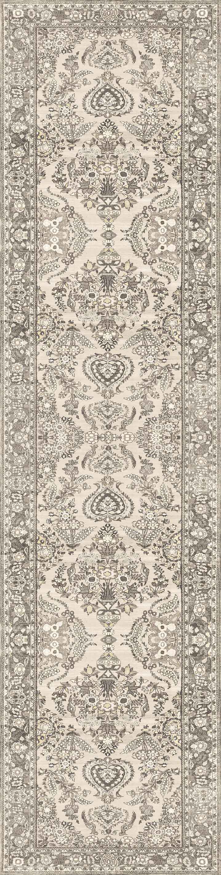 The Velvet Mosaic - Washable Rug - JRN1004 (Custom Size) features an intricate, symmetrical floral and vine pattern in beige, gray, and cream tones with decorative borders—ideal for traditional interiors.