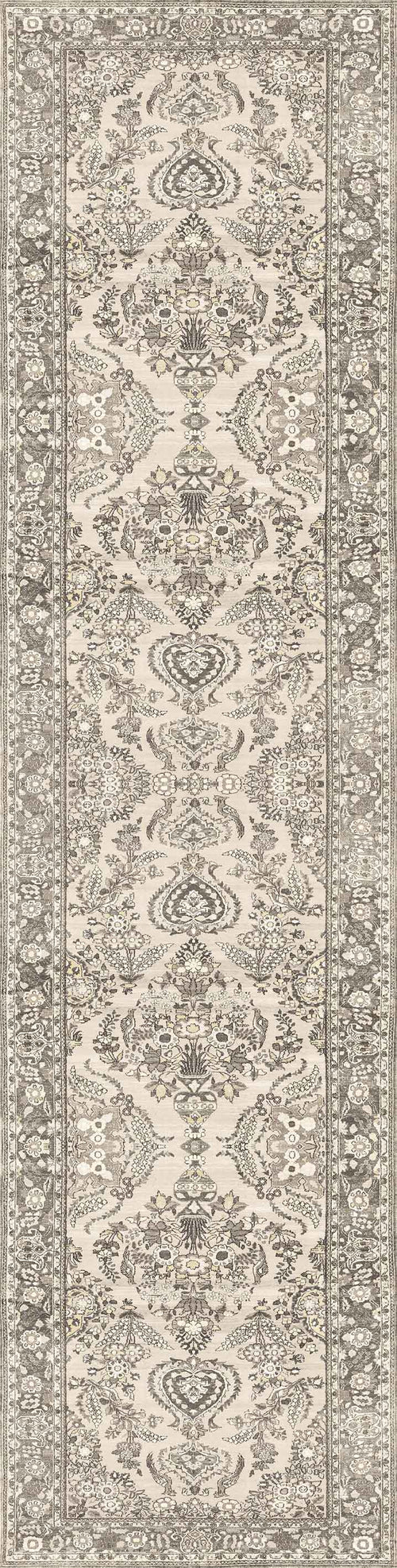 Load image 1 in gallery view. The Velvet Mosaic - Washable Rug - JRN1004 (Custom Size) features an intricate, symmetrical floral and vine pattern in beige, gray, and cream tones with decorative borders—ideal for traditional interiors.