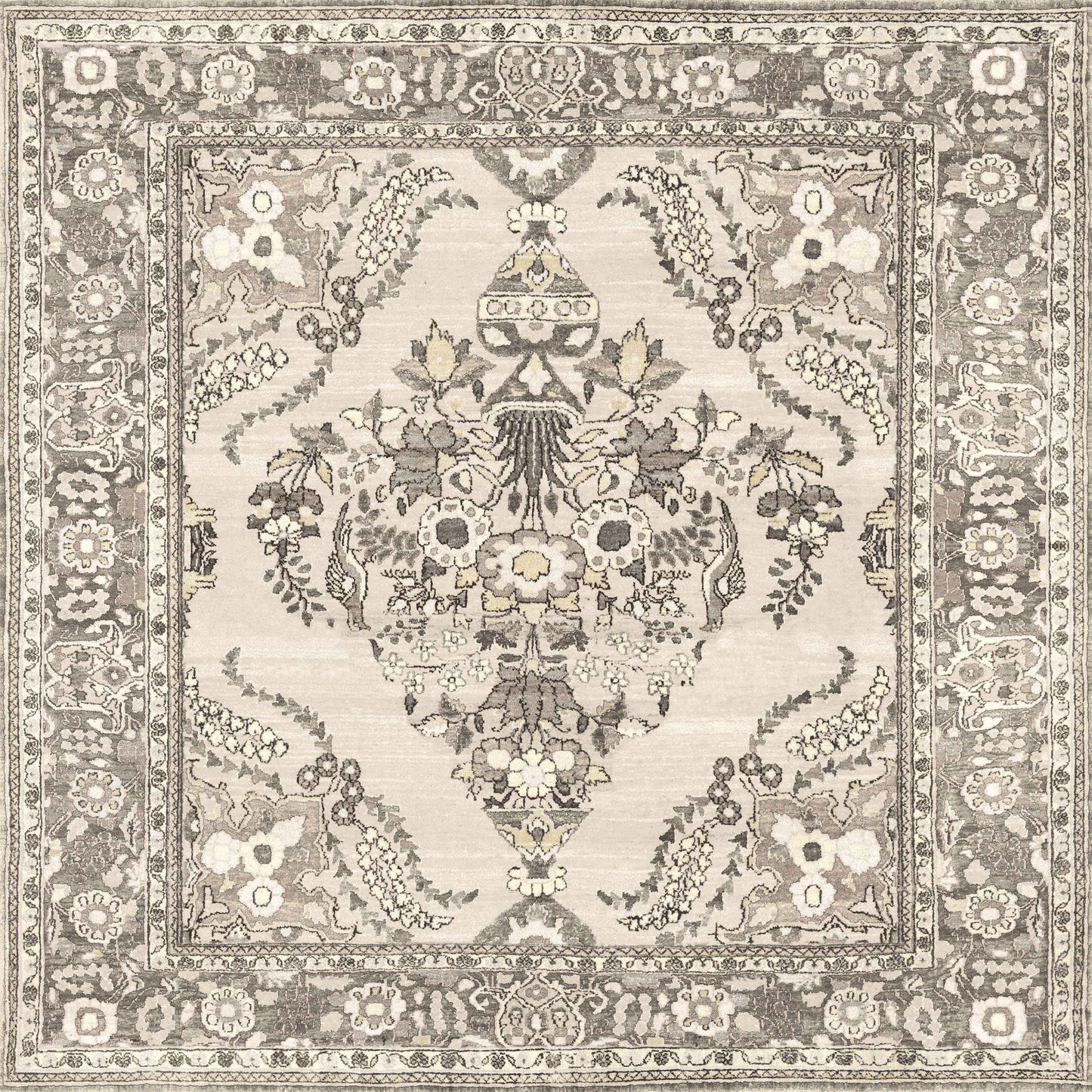 The Velvet Mosaic - Washable Rug - JRN1004 (Custom Size) features an intricate floral and botanical pattern in beige, grey, and cream, with a symmetrical medallion and detailed border inspired by classic Oriental designs—ideal for traditional spaces.