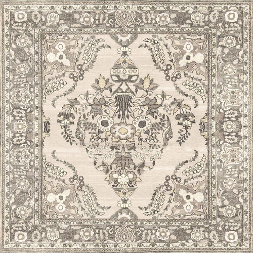 Load image 1 in gallery view. The Velvet Mosaic - Washable Rug - JRN1004 (Custom Size) features an intricate floral and botanical pattern in beige, grey, and cream, with a symmetrical medallion and detailed border inspired by classic Oriental designs—ideal for traditional spaces.