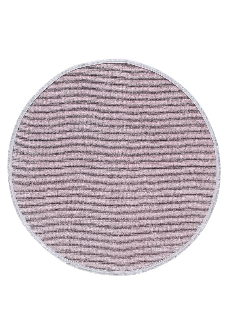 The Velvet Touch Pink Area Rug - PST004 is a round, light mauve rug with a soft-touch feel, subtle textured pattern, and white trim—ideal for adding contemporary style to any space. Shown on a white background.