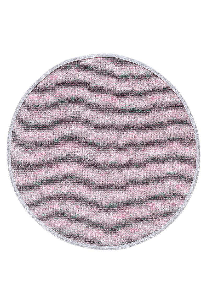 The Velvet Touch Pink Area Rug - PST005 features a round design with a light purple hue, subtle striped texture, and white trim—perfect for adding contemporary style inspired by modern rugs to your space.