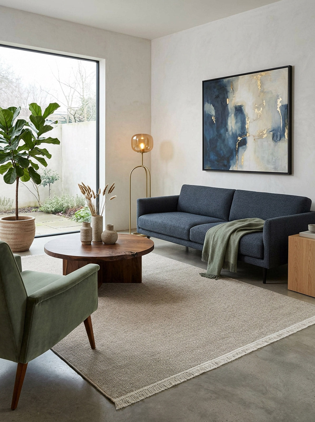 A modern living room with a large window, gray sofa, green armchair, round wooden coffee table, Velvet Touch Beige Area Rug - PST002, potted plant, floor lamp, and abstract blue and gold wall art.
