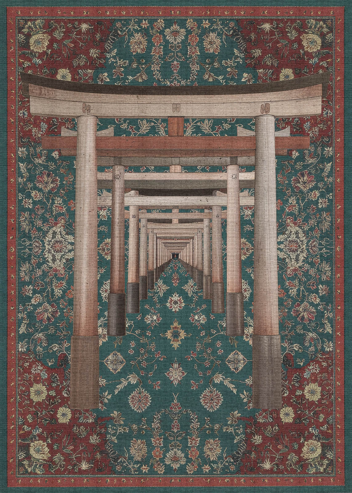 The Verdant Frame - Washable Rug (JRS022) features traditional Japanese torii gates on a teal and red backdrop inspired by ornate Persian carpets, blending geometric and floral patterns for a visually rich, layered effect.