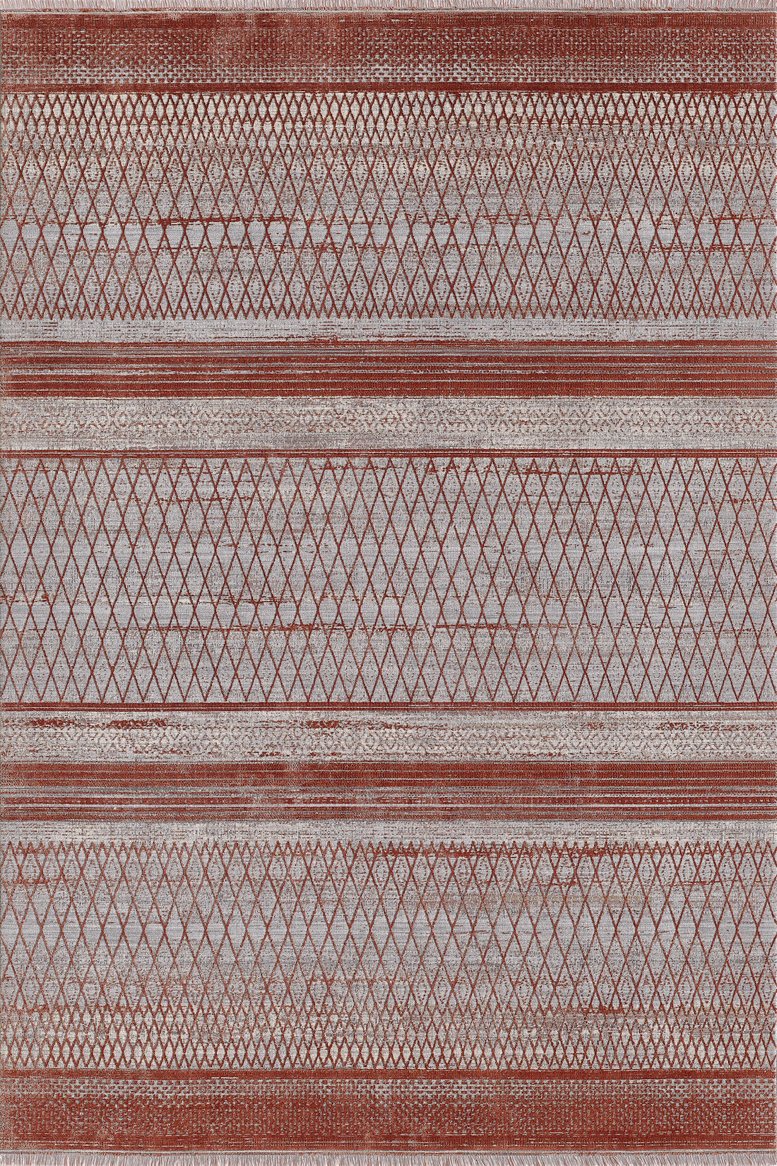 The Vibrant Bohemian Trellis Rug - HRD009 is a machine-made rug with repeating horizontal rows of red and gray geometric patterns, including diamonds and intricate lines.