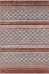 The Vibrant Bohemian Trellis Rug - HRD009 is a machine-made rug with repeating horizontal rows of red and gray geometric patterns, including diamonds and intricate lines.
