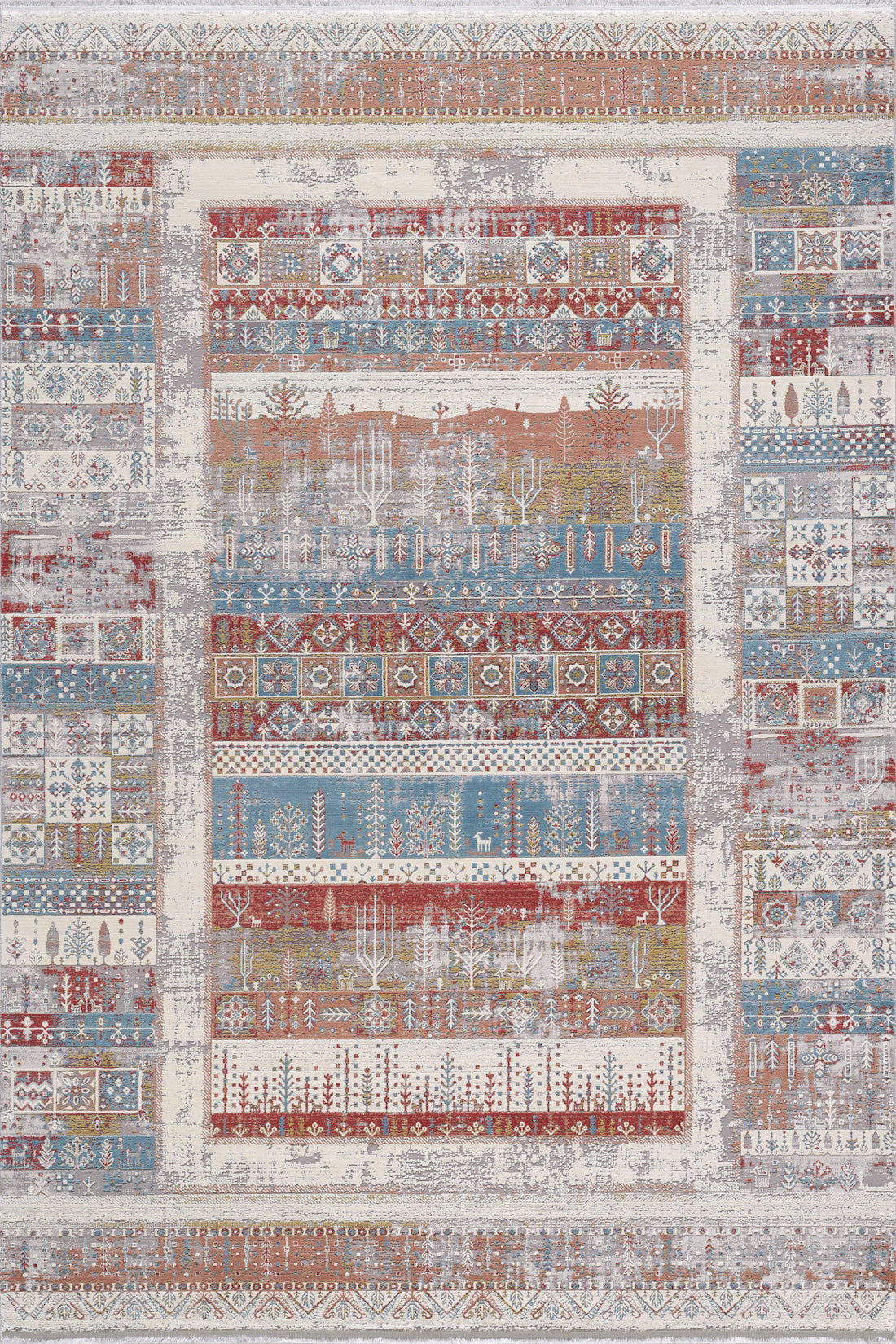 The Vibrant Nomadica Premium Rug - M366C is a machine-made Turkish rug with horizontal bands, traditional and botanical motifs in red, blue, beige, and brown. It features a decorative border and boasts a distressed, vintage look.