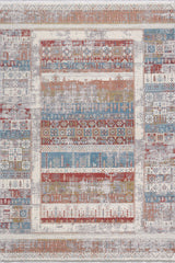 The Vibrant Nomadica Premium Rug - M366C is a machine-made Turkish rug with horizontal bands, traditional and botanical motifs in red, blue, beige, and brown. It features a decorative border and boasts a distressed, vintage look.