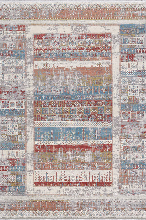 Load image 1 in gallery view. The Vibrant Nomadica Premium Rug - M366C is a machine-made Turkish rug with horizontal bands, traditional and botanical motifs in red, blue, beige, and brown. It features a decorative border and boasts a distressed, vintage look.