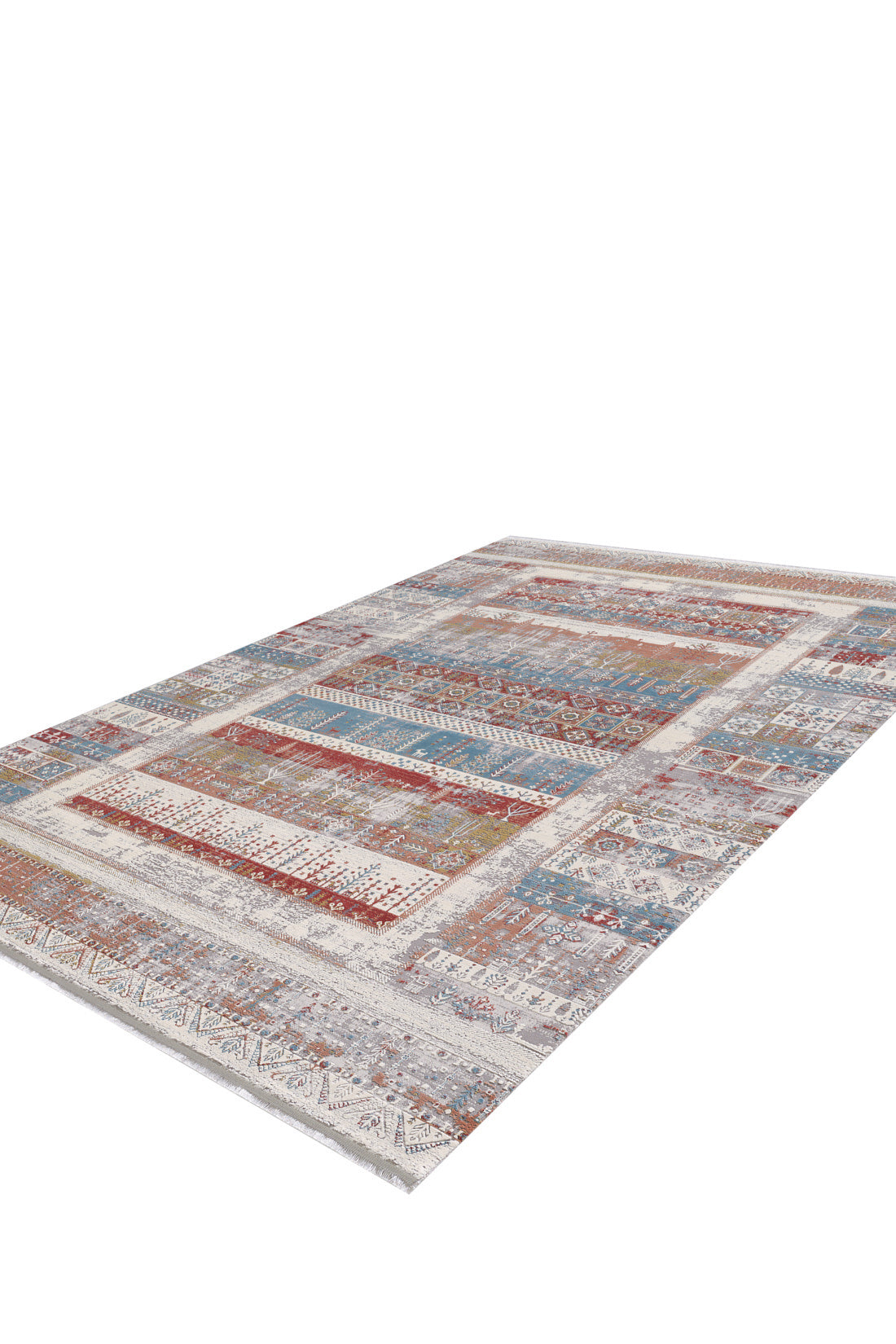 The Vibrant Nomadica Premium Rug - M366C is a rectangular machine-made piece with a distressed, multicolored pattern of traditional motifs in red, blue, and beige, displayed from a low angle on a white background.