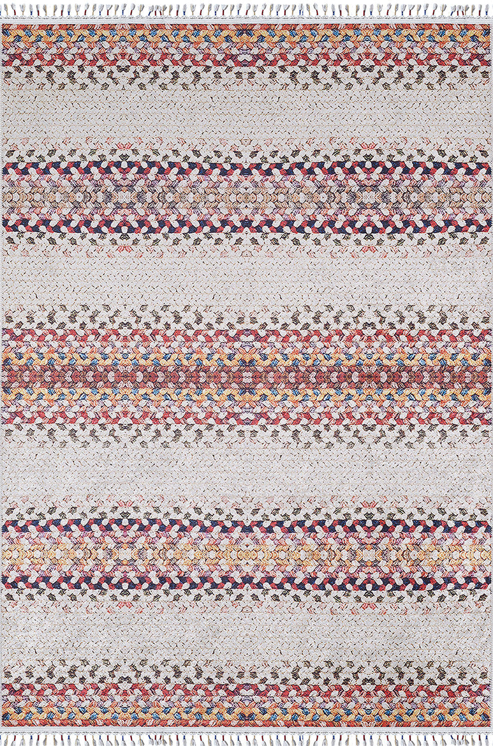 The Vibrant Rainbow - Machine-Washable Rug (JR5001, Custom Size) features a light beige background with horizontal rows of small, multicolored geometric patterns and fringed edges—perfect for high-traffic areas.