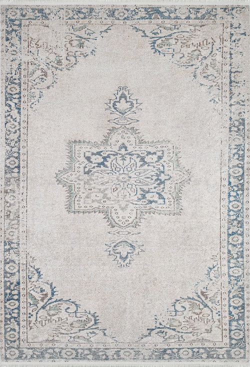 Load image 1 in gallery view. The Vintage Beauty - Washable Rug - JR1688 (Custom Size) features a faded vintage-style floral and geometric pattern in light beige, blue, and gray with decorative borders and a central medallion—perfect for high-traffic areas.
