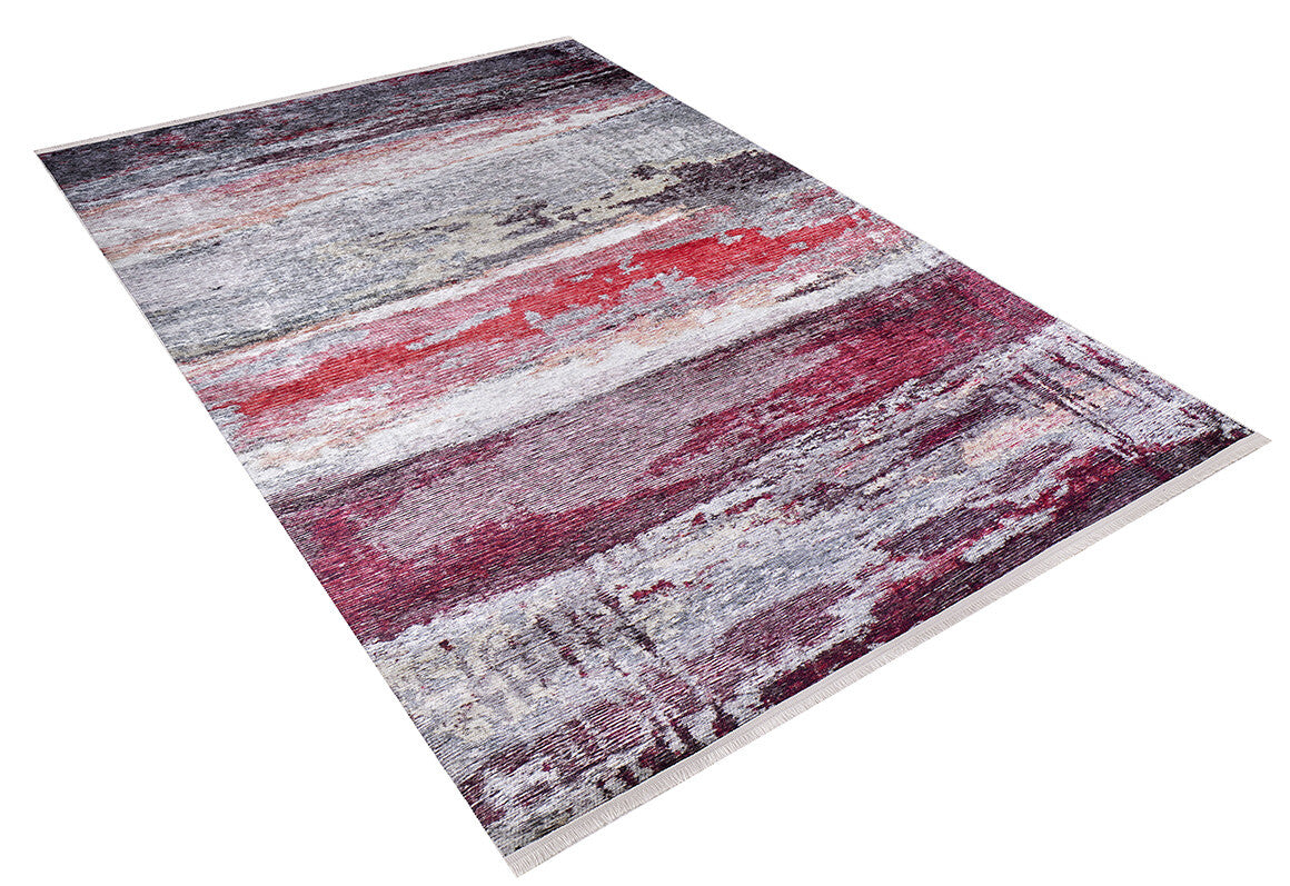 The Vintage Brushed - Washable Rug - JR143 (Custom Size) is a rectangular flat weave rug with an abstract pattern in red, gray, white, and black streaks, shown against a white background.