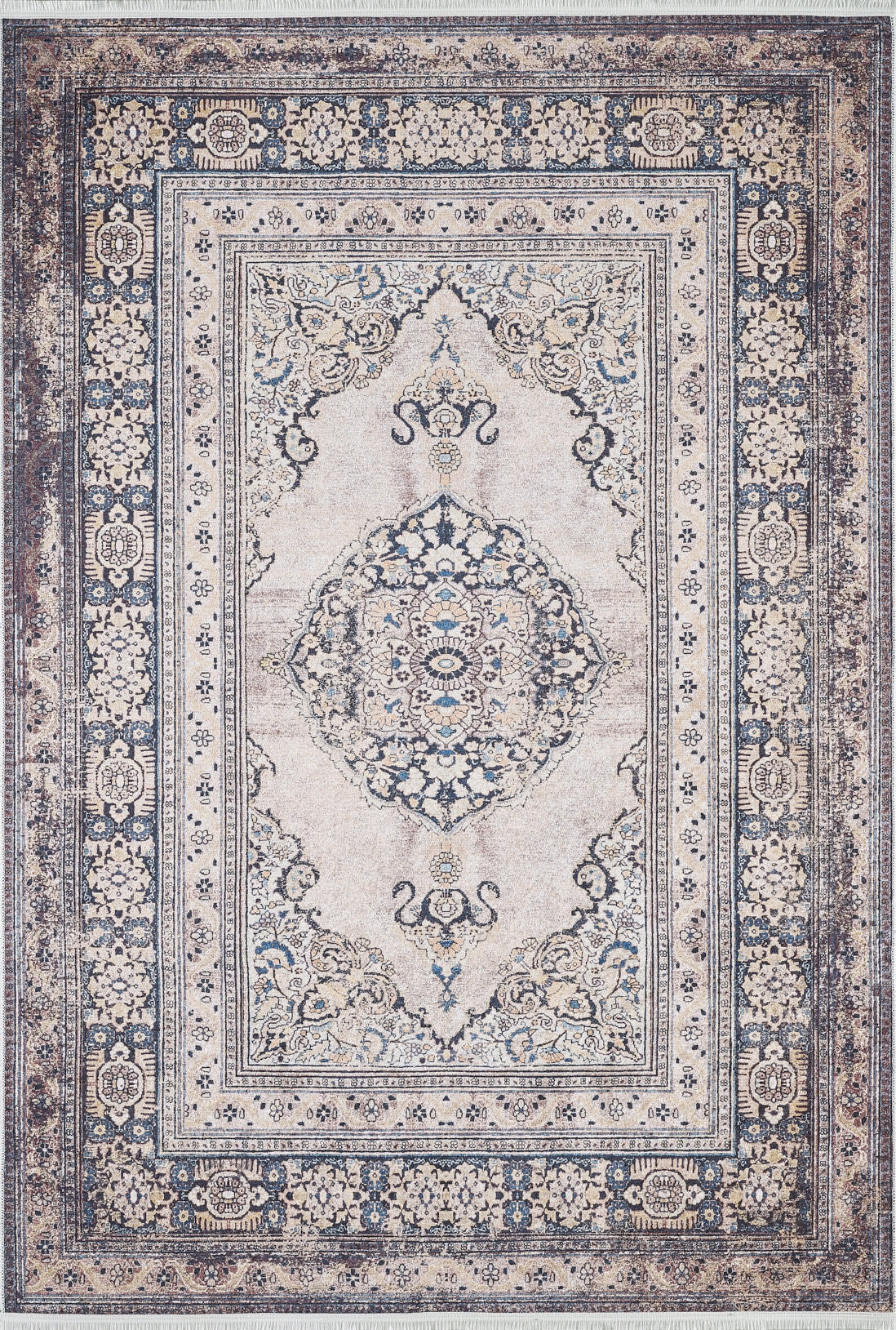 The Vintage Charm - Washable Rug - JR1933 (Custom Size) features intricate blue, cream, and beige floral and geometric designs with a central medallion—ideal for allergy-sensitive or high-traffic areas.