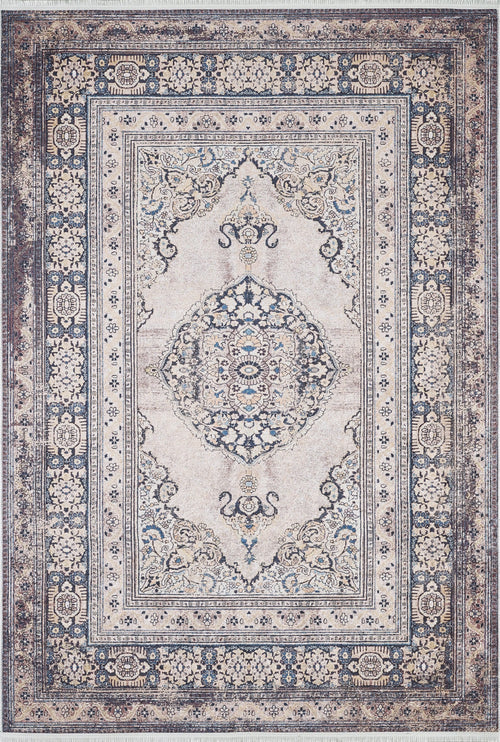 Load image 1 in gallery view. The Vintage Charm - Washable Rug - JR1933 (Custom Size) features intricate blue, cream, and beige floral and geometric designs with a central medallion—ideal for allergy-sensitive or high-traffic areas.