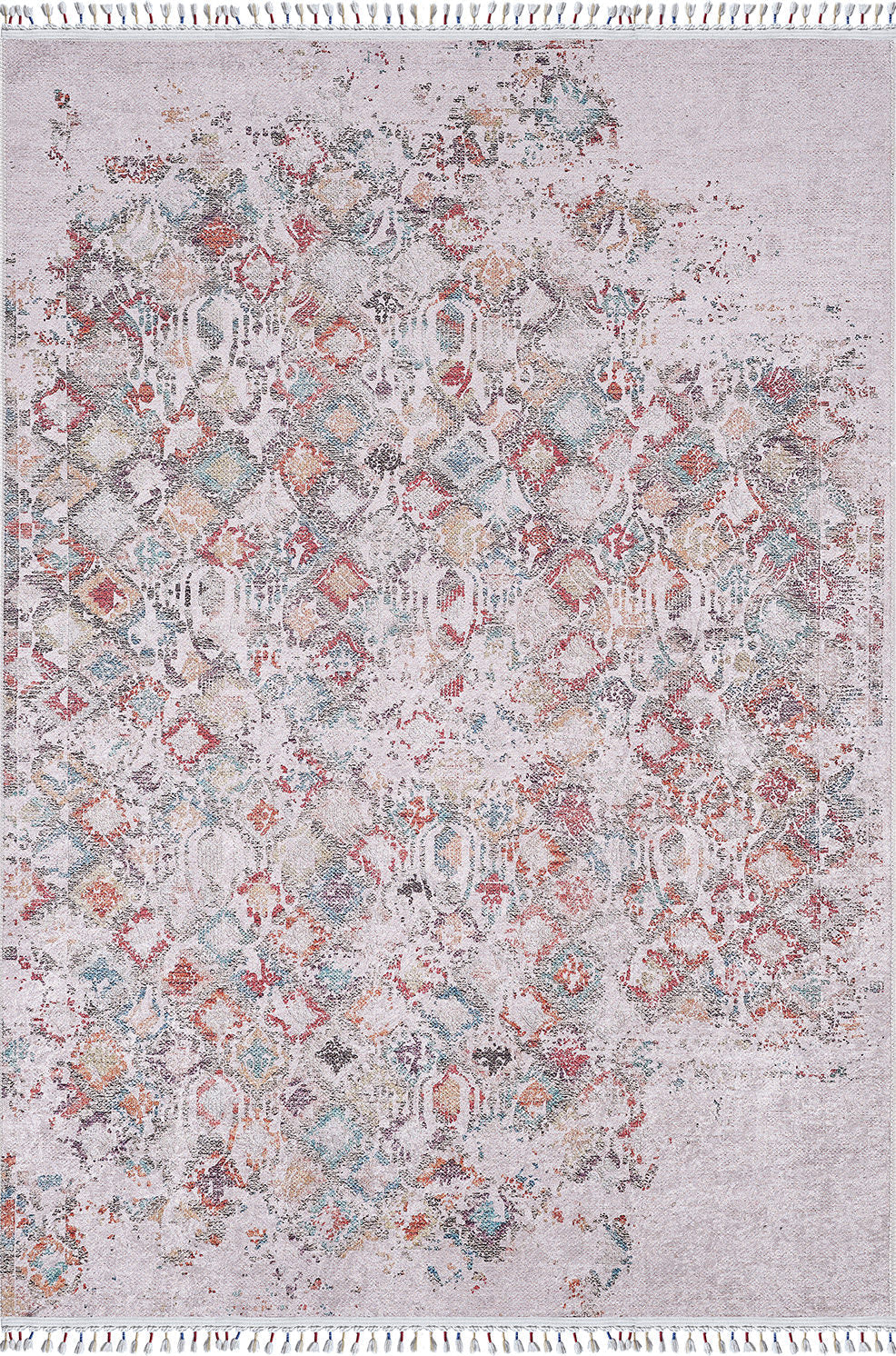 The Vintage Cream - Machine-Washable Rug - JR5006 (Custom Size) features a distressed diamond pattern in muted red, blue, yellow, and orange on light beige with fringed edges—durable and perfect for high-traffic areas.