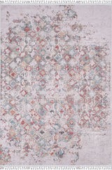 The Vintage Cream - Machine-Washable Rug - JR5006 (Custom Size) features a distressed diamond pattern in muted red, blue, yellow, and orange on light beige with fringed edges—durable and perfect for high-traffic areas.