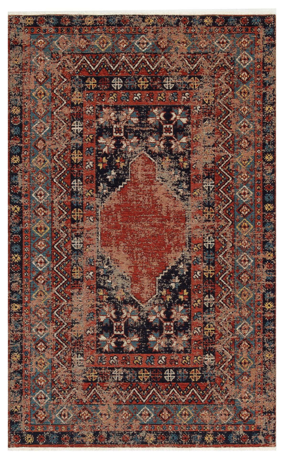 The Vintage Echo - Washable Kilims - AND04 features a bold red central medallion, dark blue accents, and geometric motifs in red, blue, beige, and gold with multiple decorative borders for a traditional vintage look