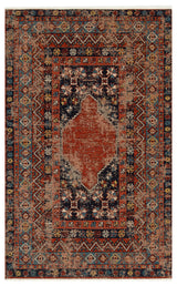 The Vintage Echo - Washable Kilims - AND04 features a bold red central medallion, dark blue accents, and geometric motifs in red, blue, beige, and gold with multiple decorative borders for a traditional vintage look