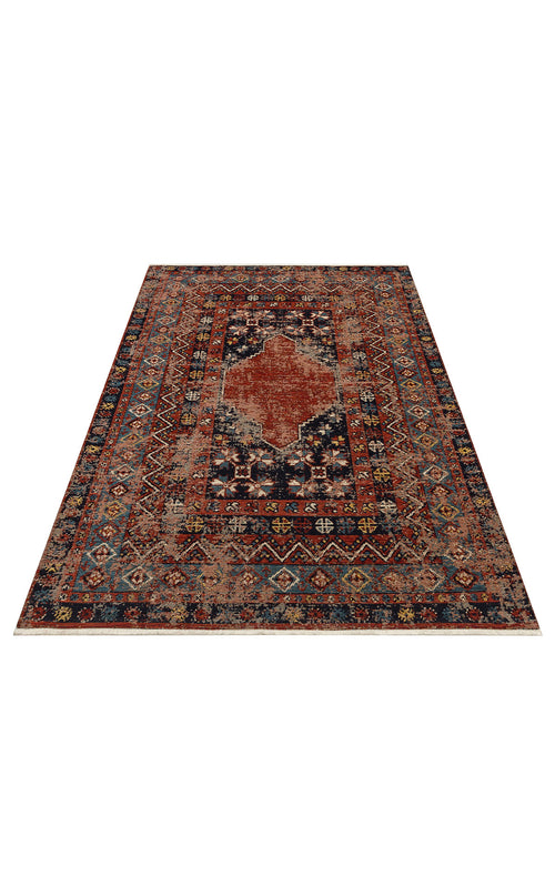 Load image 1 in gallery view. The Vintage Echo - Washable Kilims - AND04 is a rectangular chenille polyester rug with an intricate multicolored geometric and floral pattern, central medallion, and decorative borders in red, navy, blue, cream, and rust.