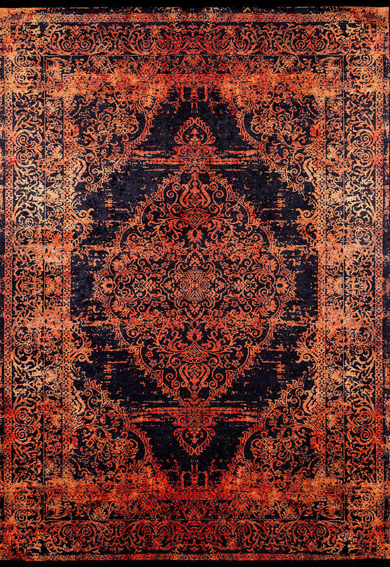 The Vintage Glory - Washable Rug - JR1490 (Custom Size) features a Persian-inspired central medallion with vibrant orange, red, and gold patterns on a dark blue background. Intricate floral and border motifs enhance its look—perfect for high-traffic areas.