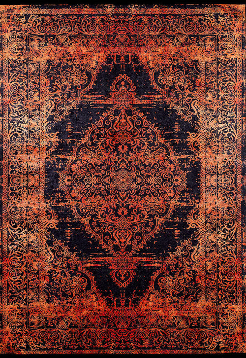 Load image 1 in gallery view. The Vintage Glory - Washable Rug - JR1490 (Custom Size) features a Persian-inspired central medallion with vibrant orange, red, and gold patterns on a dark blue background. Intricate floral and border motifs enhance its look—perfect for high-traffic areas.