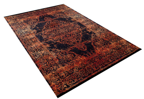 Load image 1 in gallery view. The Vintage Glory - Washable Rug - JR1490 (Custom Size) features an intricate traditional pattern in red, gold, and black with ornate floral and geometric designs—perfect for high-traffic areas. Easy to clean and stylish for any space.