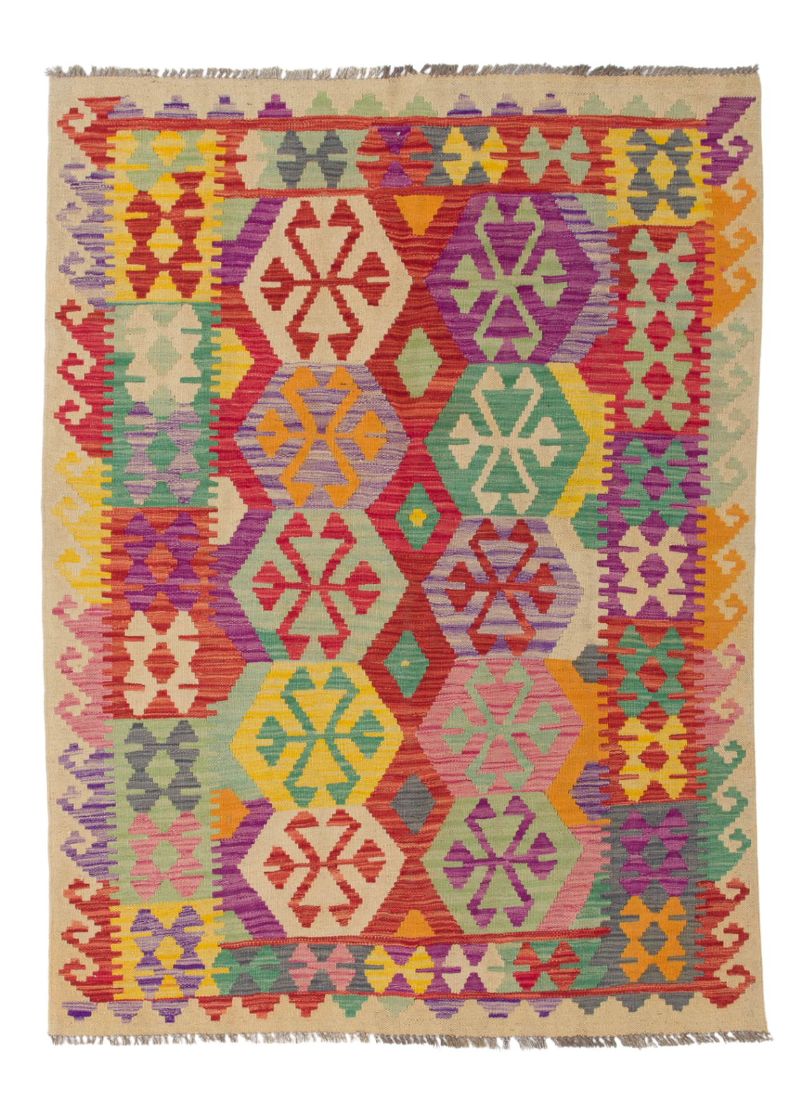 The Vintage Heritage - Handwoven Kilim is a colorful wool rug with geometric patterns, hexagonal motifs, and fringed edges in red, yellow, green, purple, and orange tones—perfect for adding vibrant charm to any space.