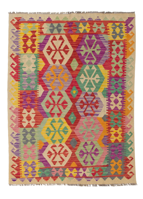 Load image 1 in gallery view. The Vintage Heritage - Handwoven Kilim is a colorful wool rug with geometric patterns, hexagonal motifs, and fringed edges in red, yellow, green, purple, and orange tones—perfect for adding vibrant charm to any space.