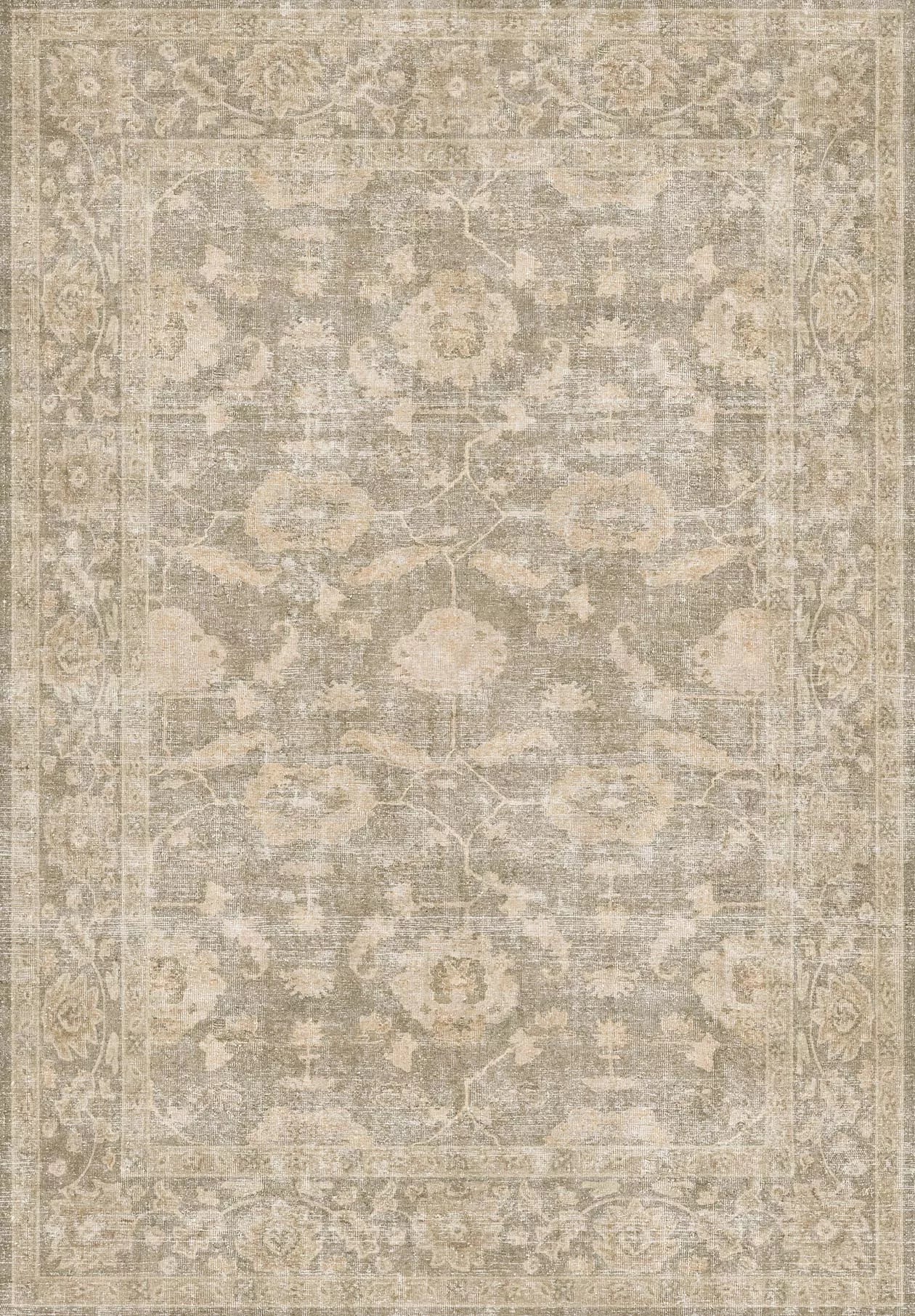 The Vintage Linen - Washable Rug - JRN1028 features a faded floral and geometric pattern in beige, taupe, and light gray, a decorative border, and an intricate center—perfect for high-traffic, allergy-sensitive homes.