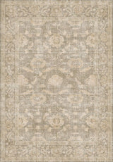 The Vintage Linen - Washable Rug - JRN1028 features a faded floral and geometric pattern in beige, taupe, and light gray, a decorative border, and an intricate center—perfect for high-traffic, allergy-sensitive homes.