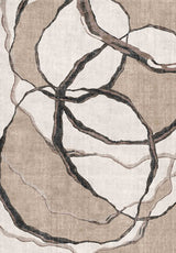The Vintage Muse - Washable Rug - JRN47 showcases an abstract flat weave with overlapping black, beige, and brown curves forming organic shapes on a light tan background, offering modern artistry and effortless style.