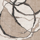 The Vintage Muse - Washable Rug - JRN47 features abstract, overlapping curved lines in dark brown and beige on a light tan background, offering an allergy-sensitive option with an organic, textured appearance.