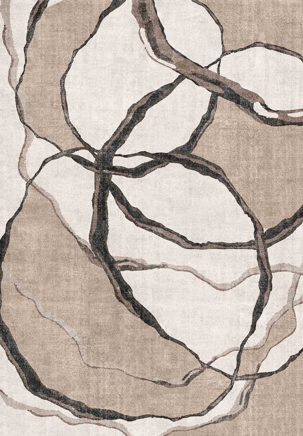 The Vintage Muse - Washable Rug - JRN47 (Custom Size) features overlapping, irregular rings and lines in beige, brown, and dark gray on a textured light background—evoking natural stone. Perfect for adding style to high-traffic areas.