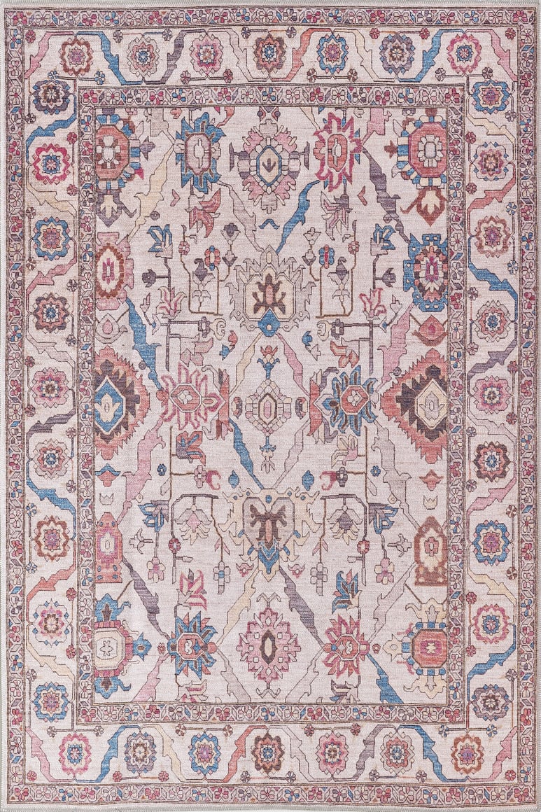 The Vivencia Authentic Washable Rug - LCC3016 (Outlet) US features a rectangular design with intricate floral and geometric patterns in pink, blue, brown, and cream, bordered by detailed motifs and stylized symmetrical vines.