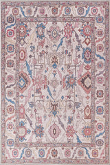 The Vivencia Authentic Washable Rug - LCC3016 (Outlet) US features a rectangular design with intricate floral and geometric patterns in pink, blue, brown, and cream, bordered by detailed motifs and stylized symmetrical vines.