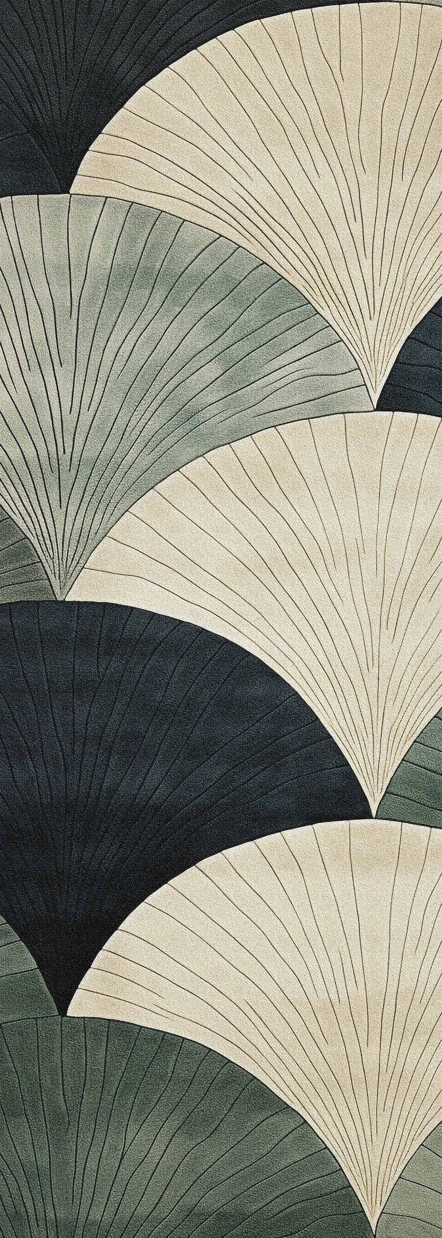 The Vivian Modern Washable Area Rug - MDJ010 features an abstract fan leaf pattern in cream, dark green, and light green with fine black lines—its durable, washable design is perfect for high-traffic areas.