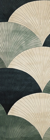 The Vivian Modern Washable Area Rug - MDJ010 features an abstract fan leaf pattern in cream, dark green, and light green with fine black lines—its durable, washable design is perfect for high-traffic areas.